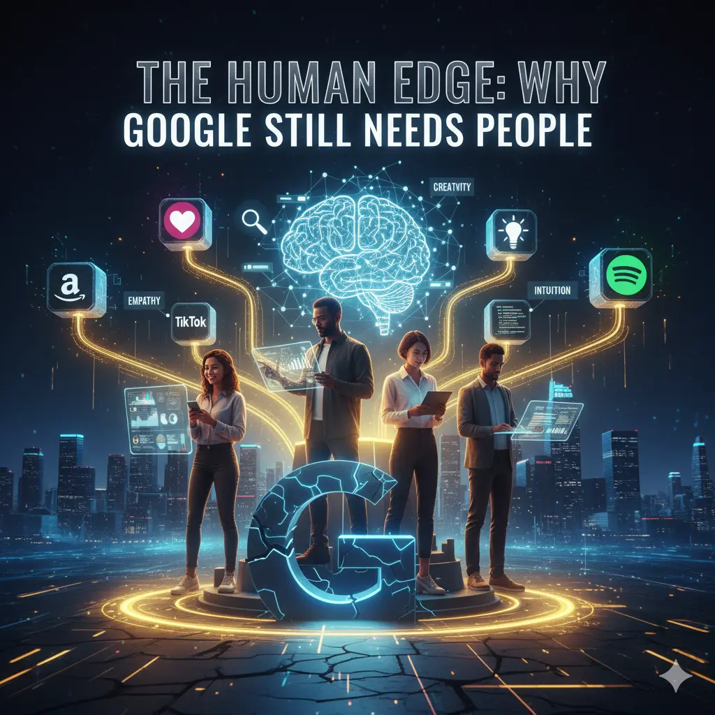  Illustration of professionals with icons for creativity and empathy, emphasizing the human element that keeps SEO in 2025 authentic and effective.