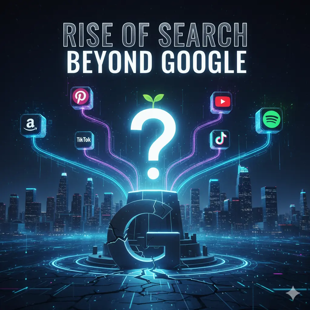 Graphic showing multiple search platforms like YouTube, TikTok, Pinterest, and Amazon, highlighting how SEO in 2025 expands beyond Google.
