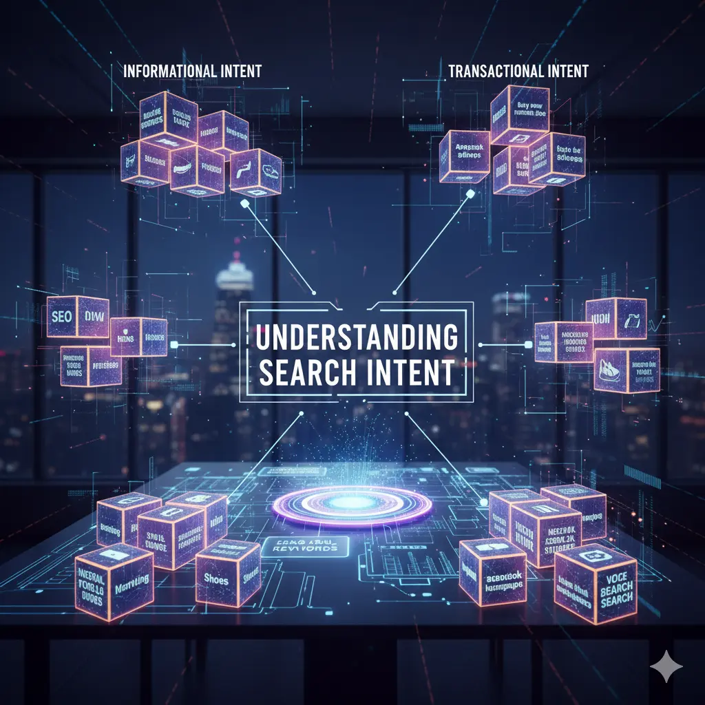 Keywords Explained for Beginners image showing informational, transactional, and navigational search intent connected by digital keyword clusters.