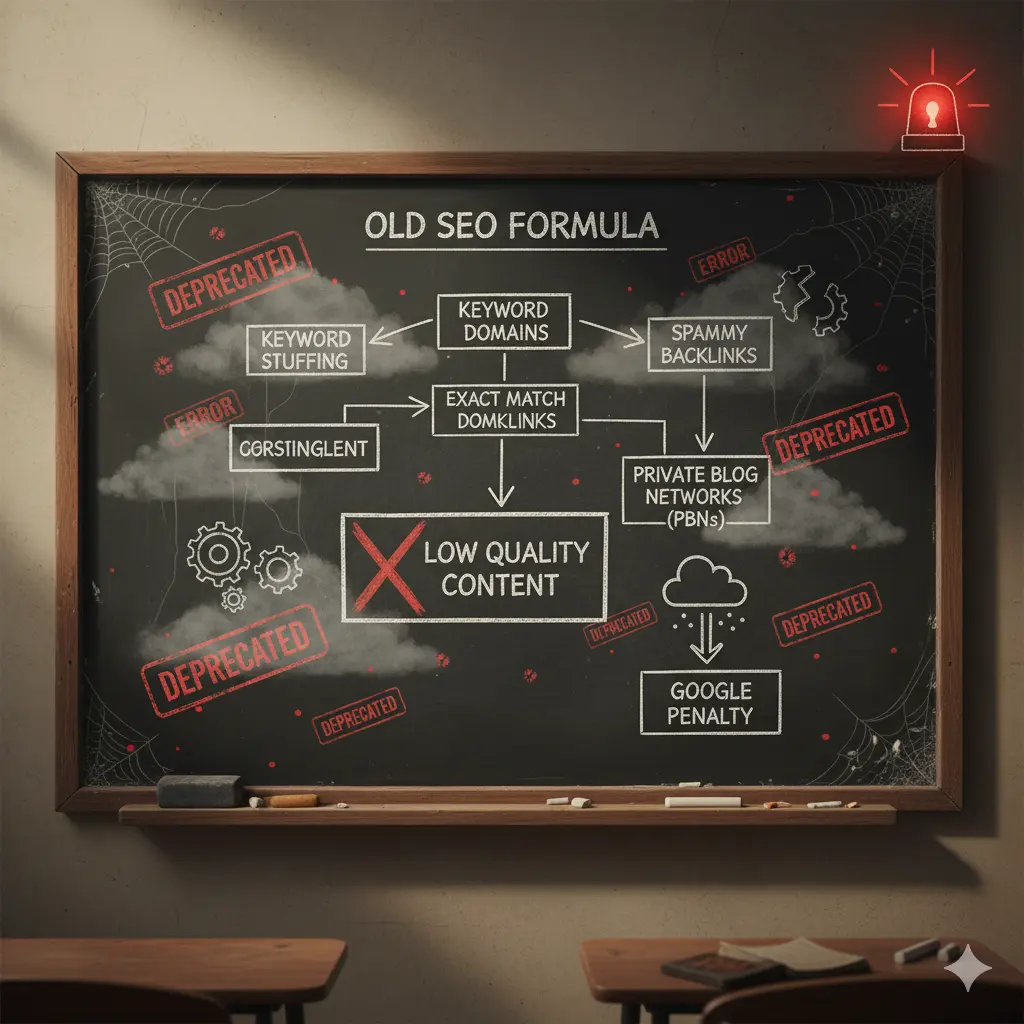 A chalkboard showing outdated SEO techniques like keyword stuffing and spammy backlinks, illustrating how old SEO methods no longer work in 2025.