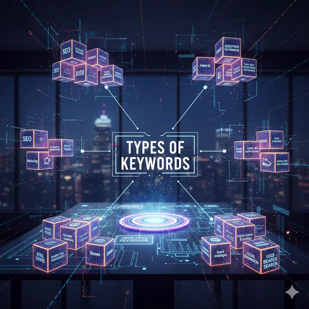 Keywords Explained for Beginners visual showing multiple keyword types like short-tail, long-tail, and question keywords in a digital grid.