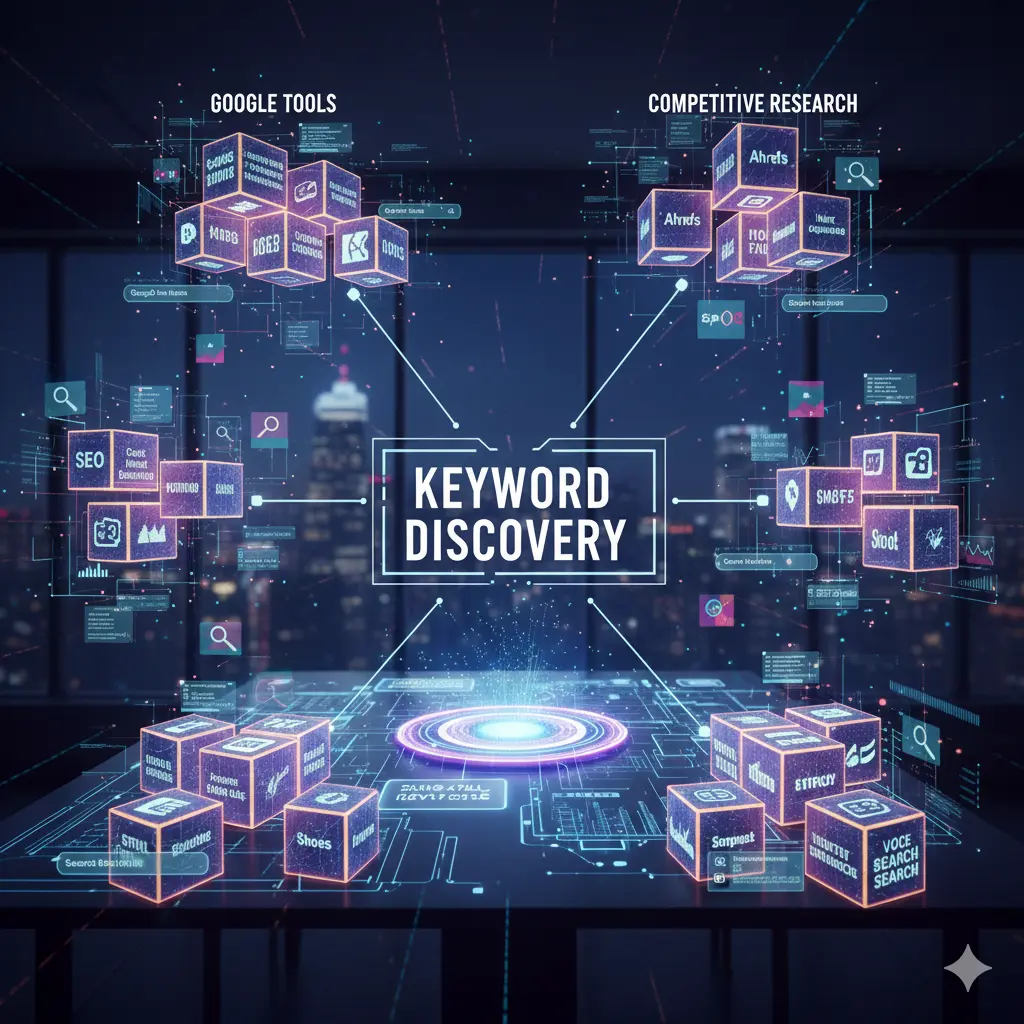 Keywords Explained for Beginners futuristic illustration of keyword discovery tools like Google, Ubersuggest, and AnswerThePublic on a 3D interface.